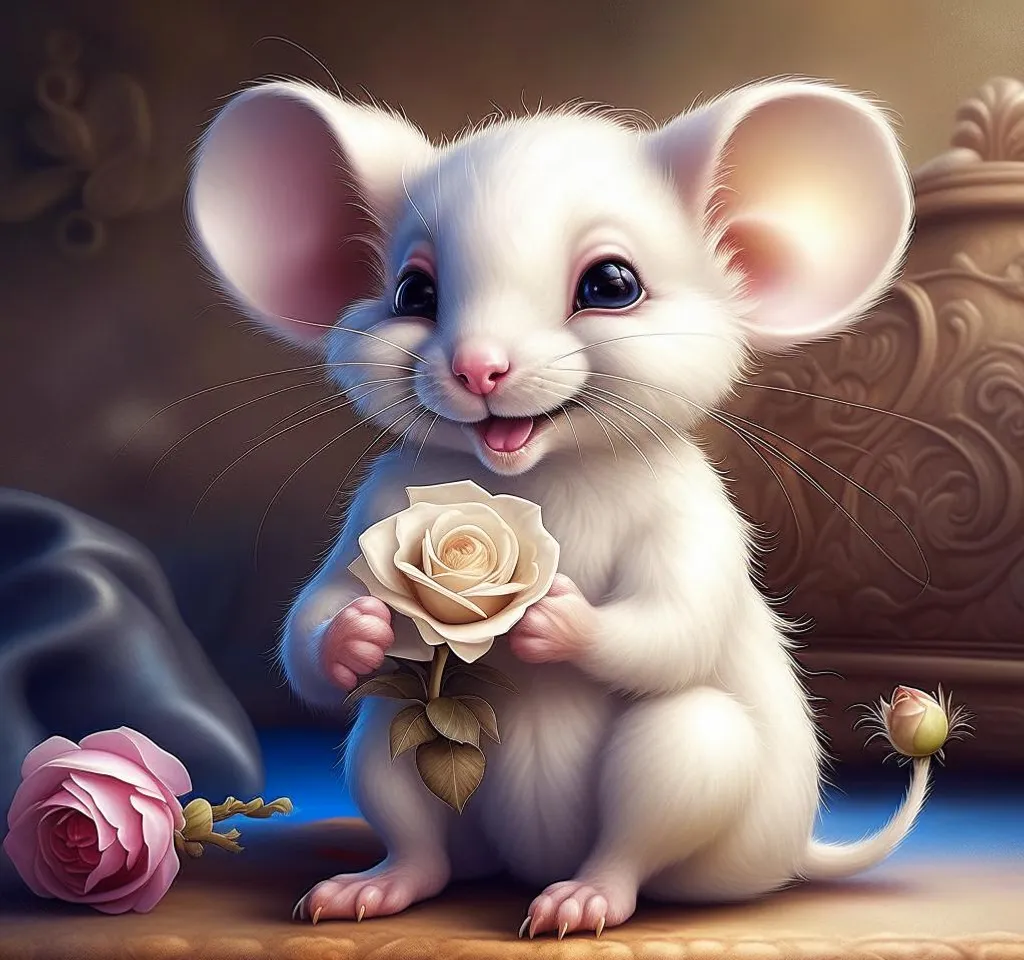 a painting of a mouse holding a rose  The mouse gives a rose