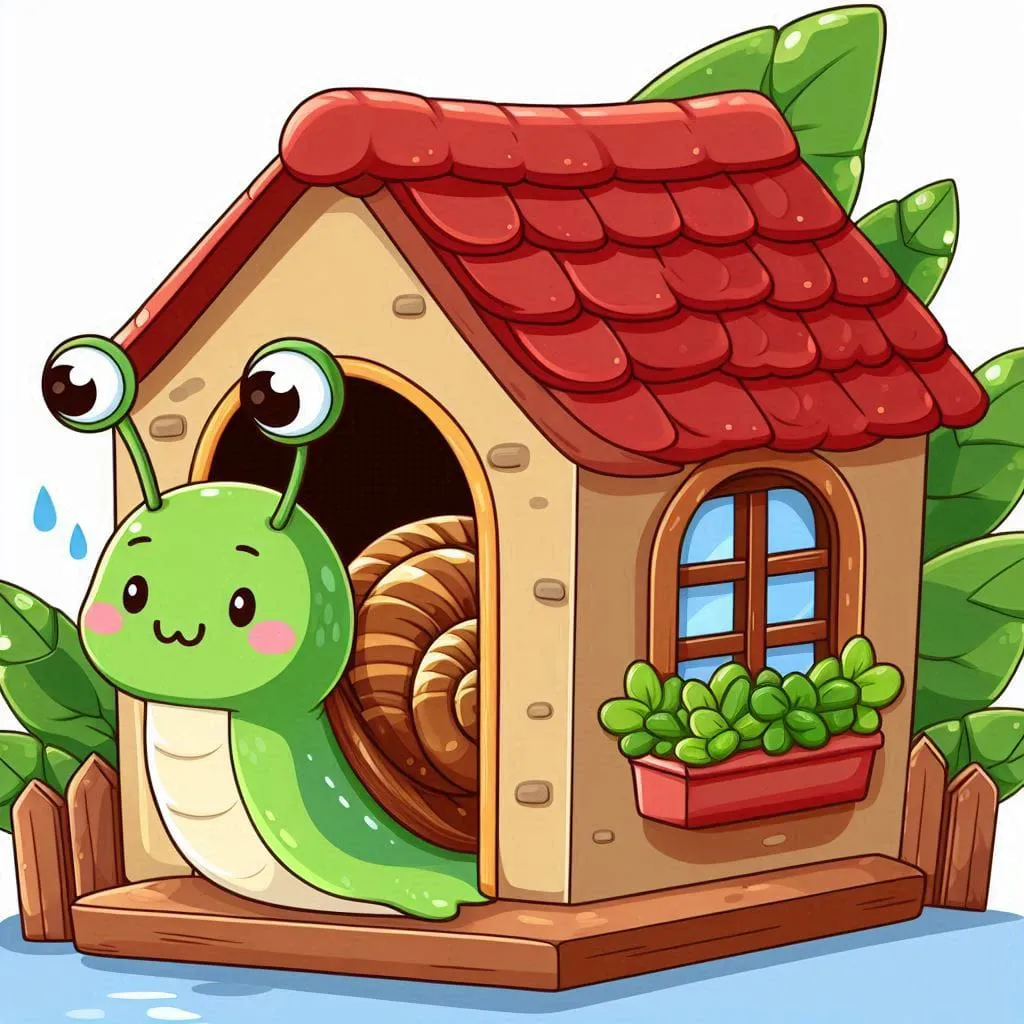 a green snail in a house with a red roof