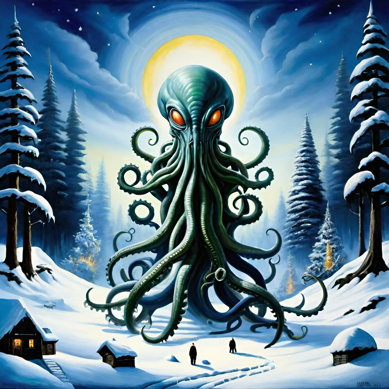 a painting of an octopus in the snow