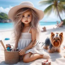 a little girl sitting on a beach next to a dog