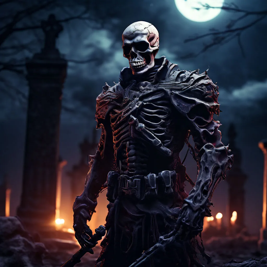 a skeleton with a knife in his hand