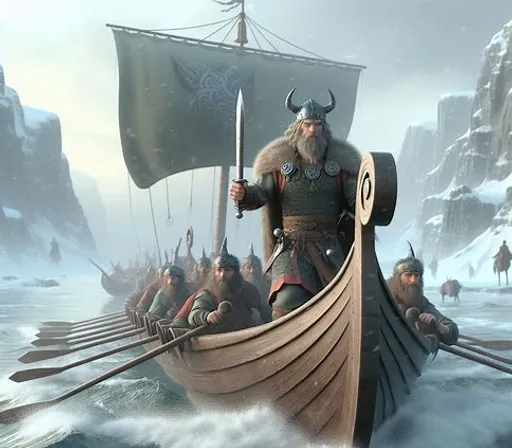 a group of viking men riding on top of a boat