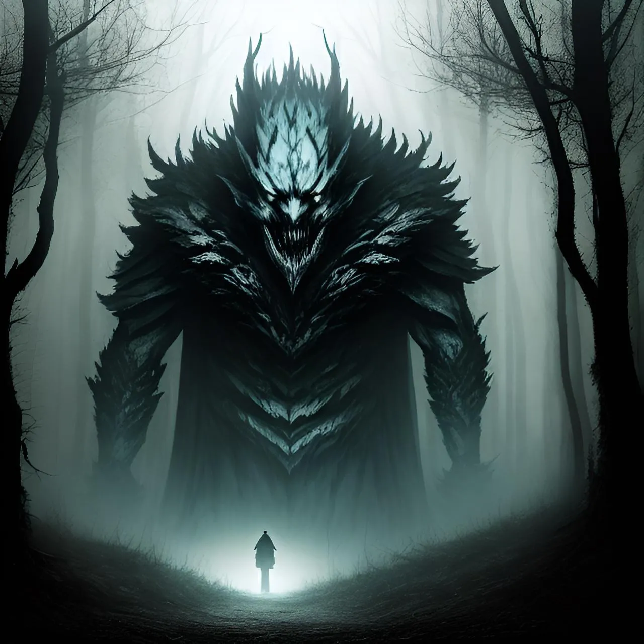 a man standing in the middle of a forest next to a giant monster