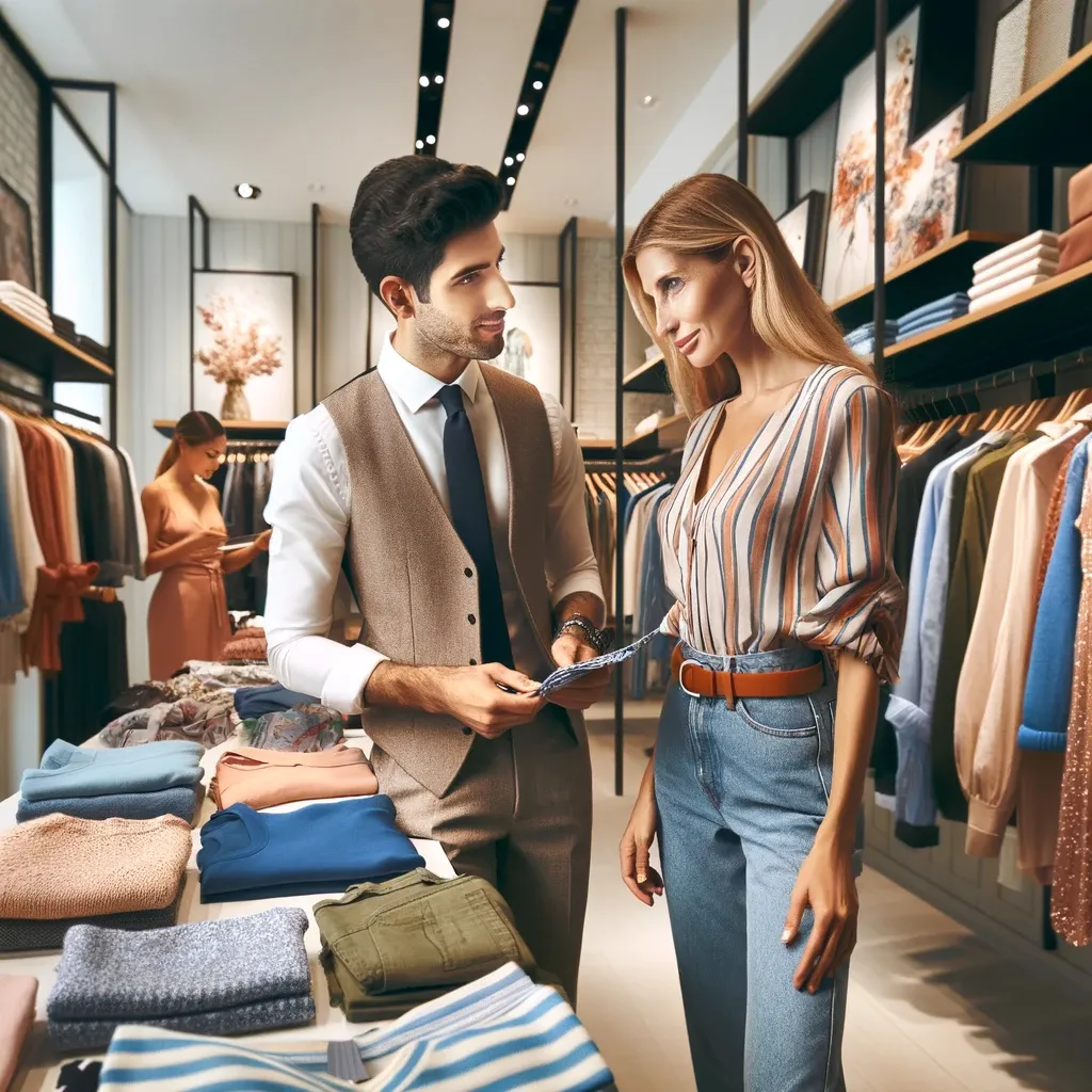 a man and a woman looking at clothing in a store