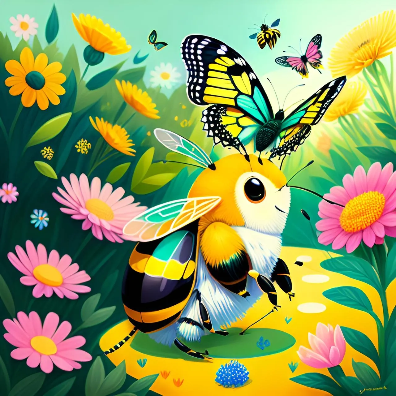 a painting of a bee surrounded by flowers and butterflies