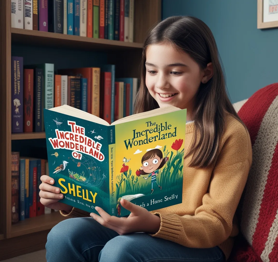 a young girl sitting on a couch reading a book let her look as if she is reading a story