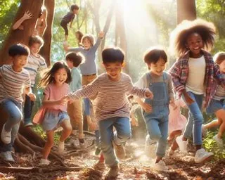 a group of children running through a forest