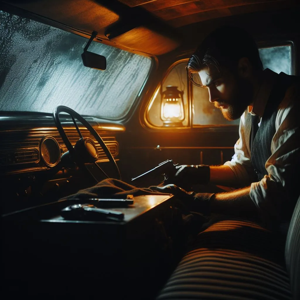 A man working on a vehicle as the sun sets in a desert landscape, casting warm light and long shadows