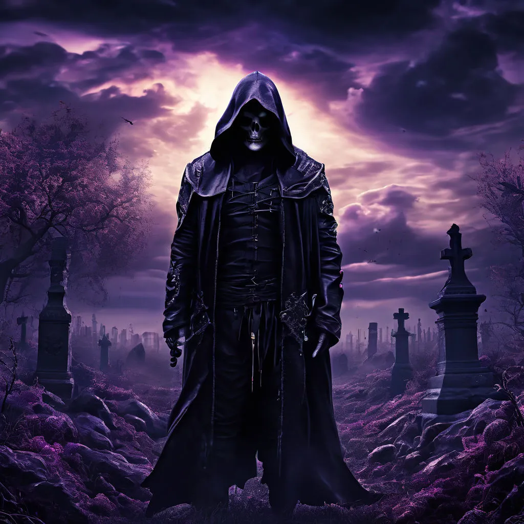 a man in a hooded suit standing in a cemetery