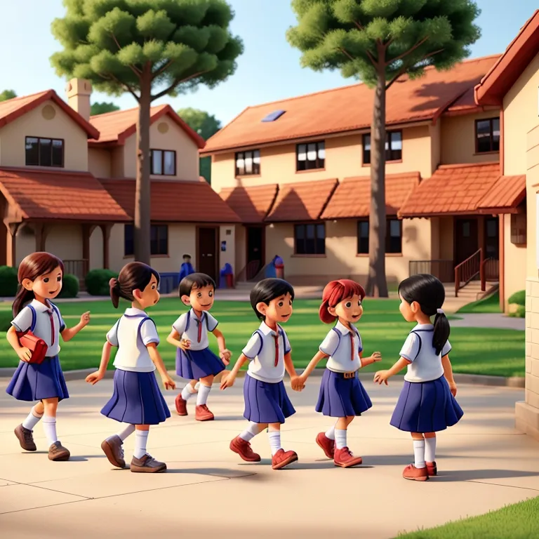 a group of children walking down a sidewalk