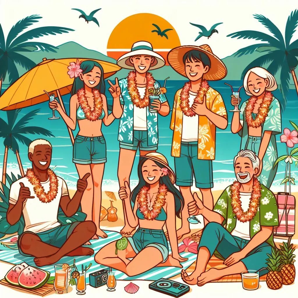 a group of people standing on a beach next to the ocean hawaiian