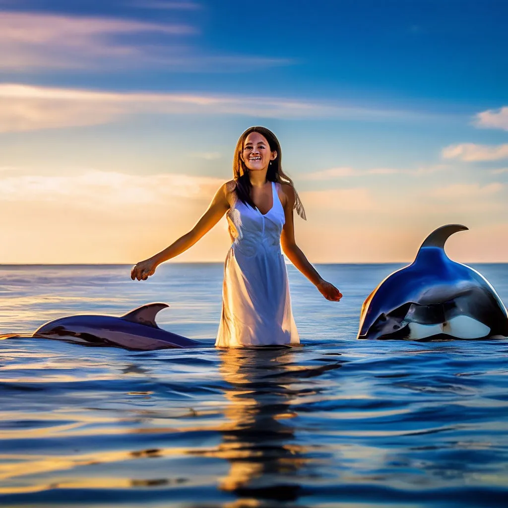 a woman standing in the water next to two dolphins