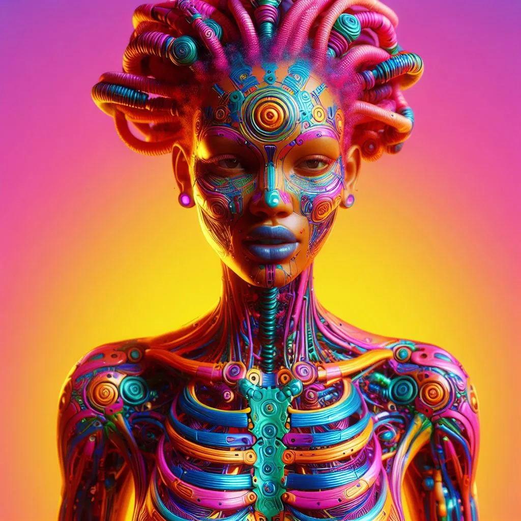 a woman with colorful hair and body art