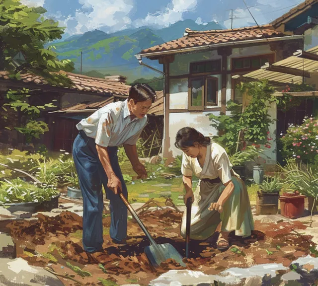 a painting of two people digging in the dirt