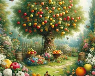 a painting of a garden filled with lots of fruit