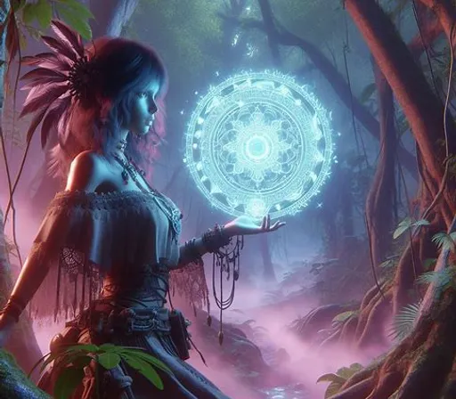 a woman holding a crystal ball in a forest