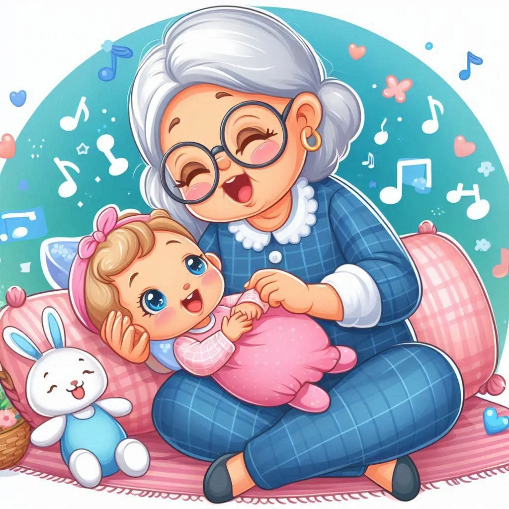 an old woman holding a baby on a pink blanket