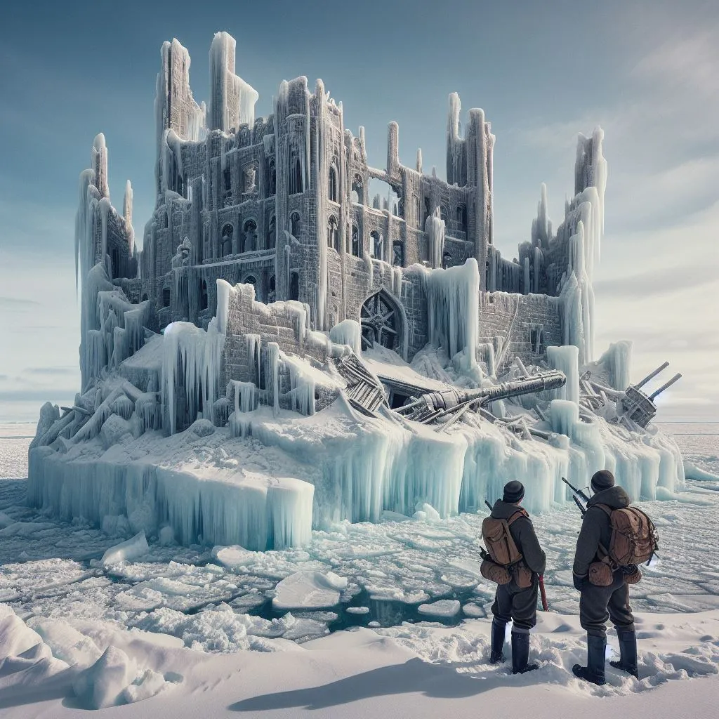 two people standing in front of an ice castle