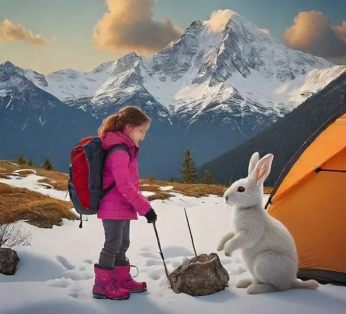 a little girl standing next to a bunny in the snow