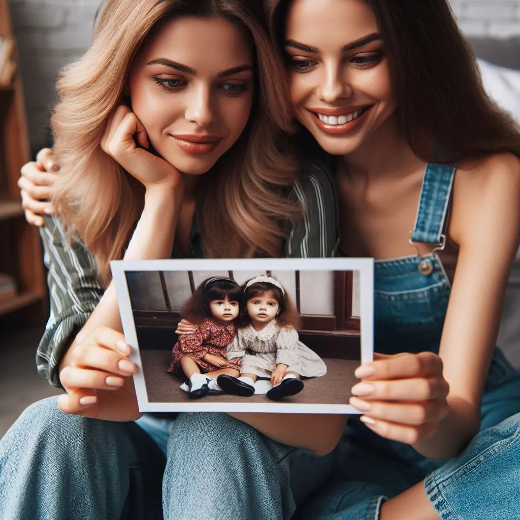 One of the two women friends looks nostalgically at a photo of them when they were children, reflecting on the good times they spent together.