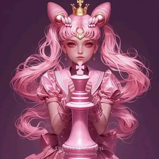 a woman in a pink dress holding a giant chess piece