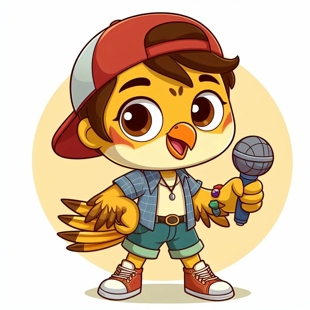 a cartoon bird holding a microphone and wearing a hat