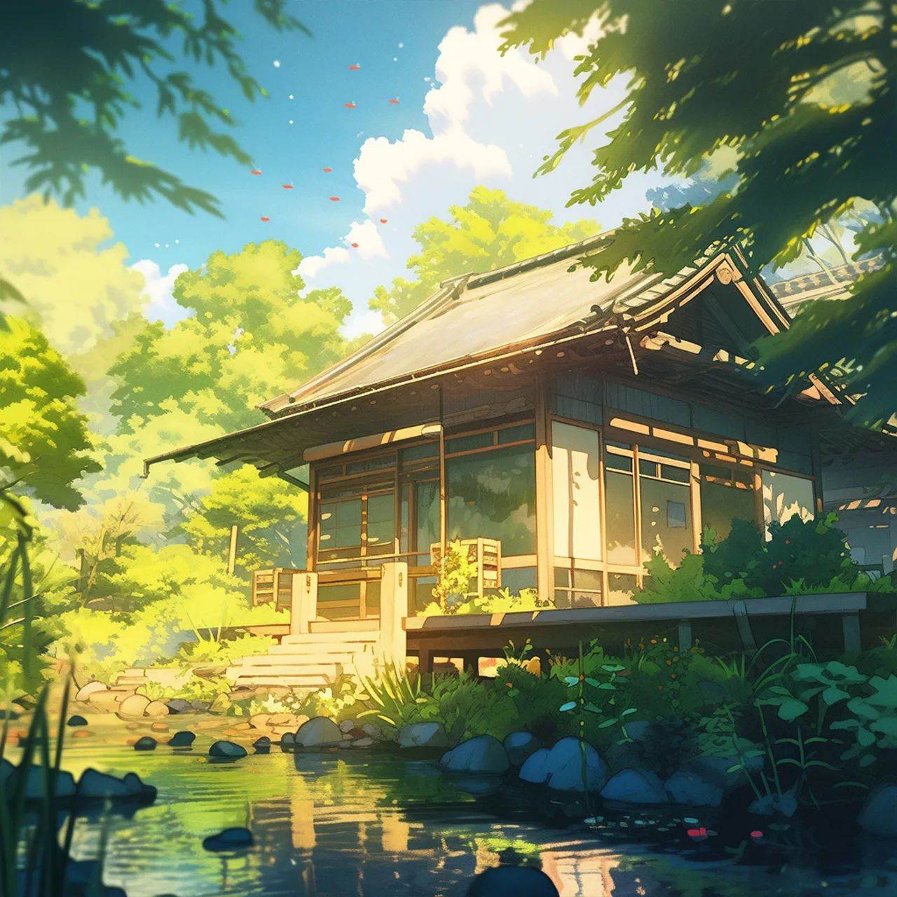 an anime house in the middle of a forest, flowing water