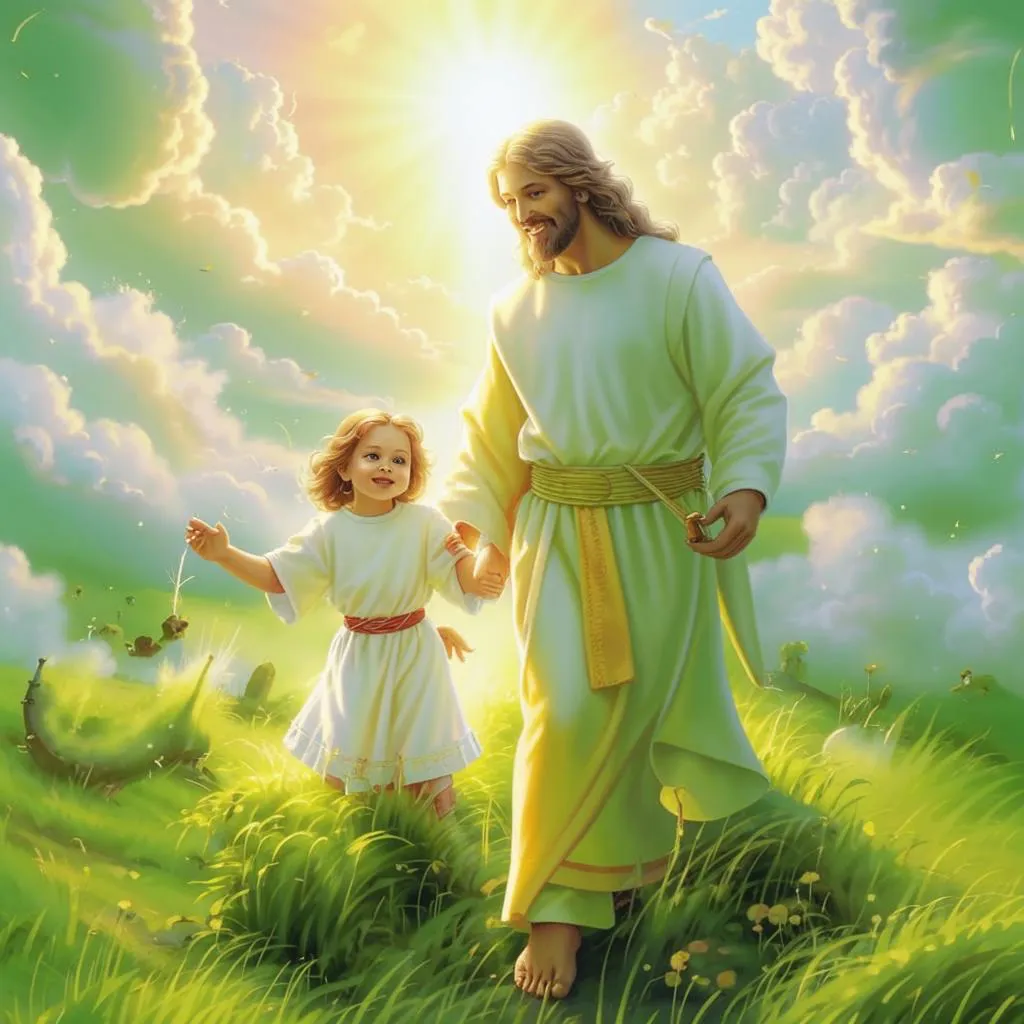 a painting of jesus holding hands with a little girl