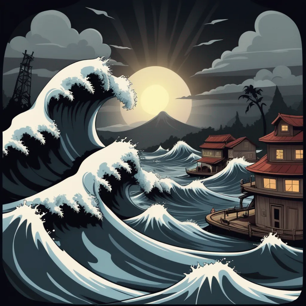 a painting of a large wave in front of a house