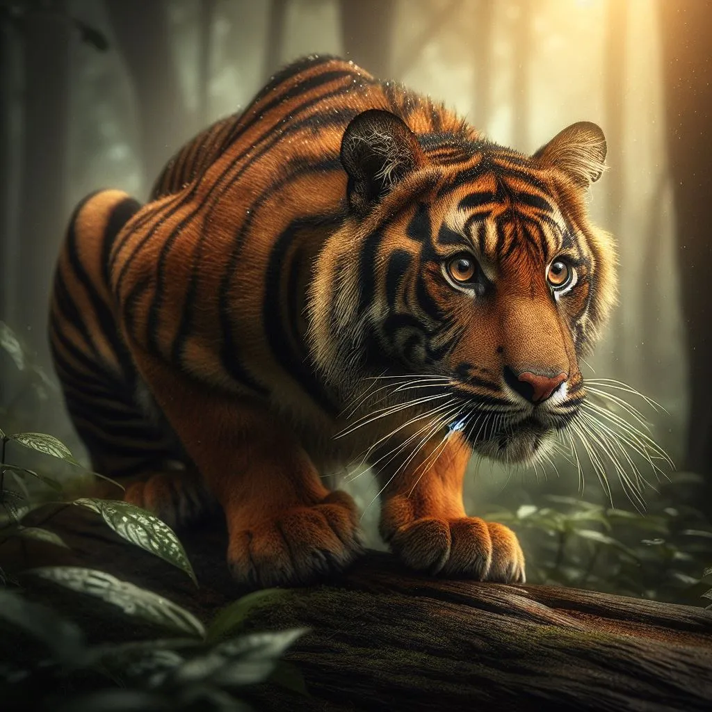 a tiger walking across a lush green forest