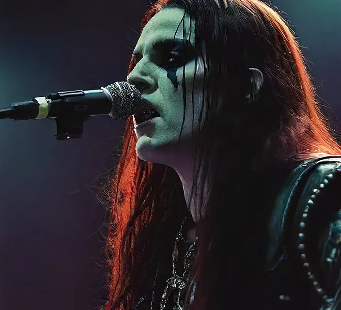 a woman with long hair and makeup on singing into a microphone