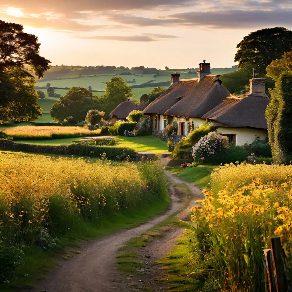 a country road leading to a house with a thatched roof