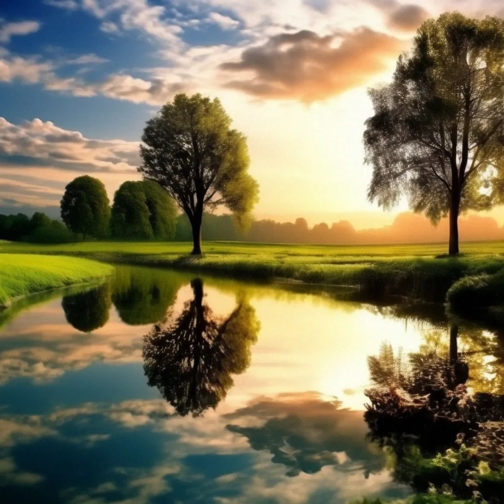 a lake with trees and grass in the background