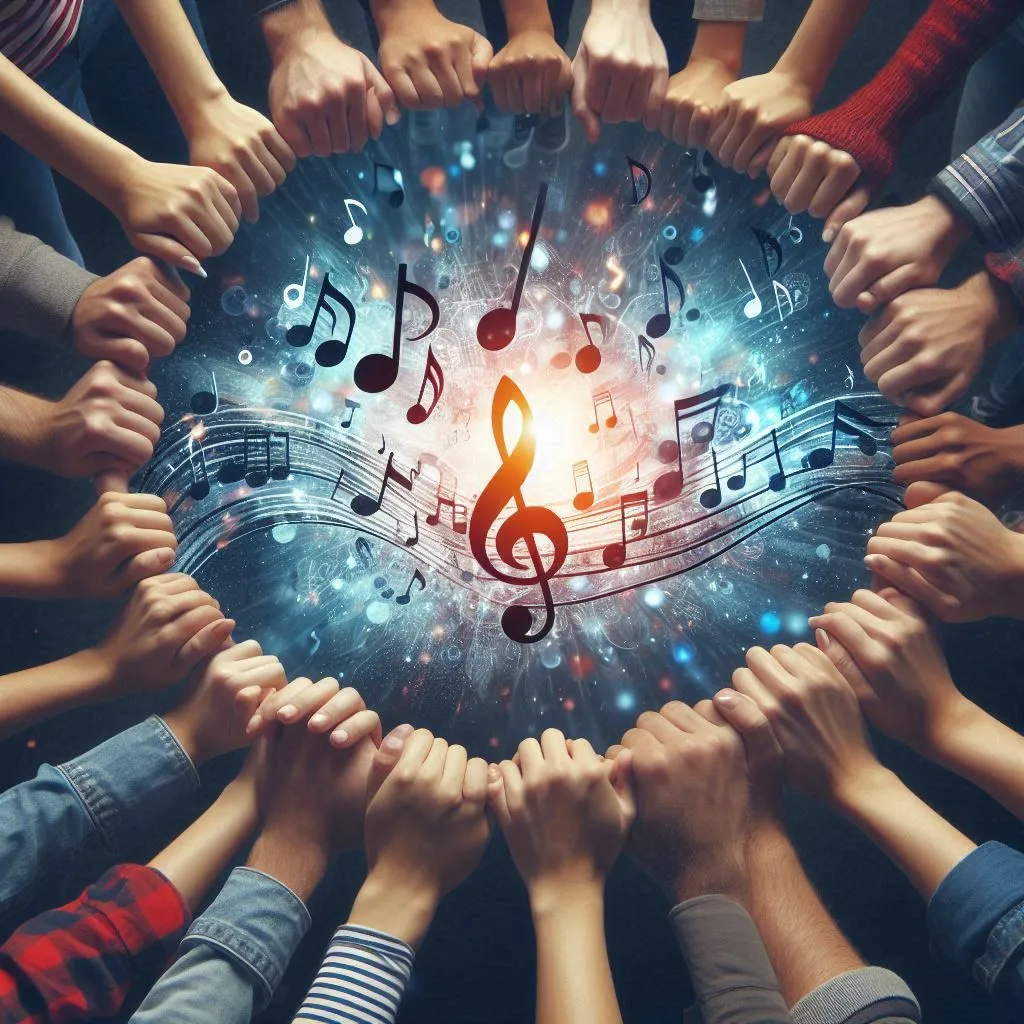 A group of people holding hands while listening to music, with the notes enveloping them.