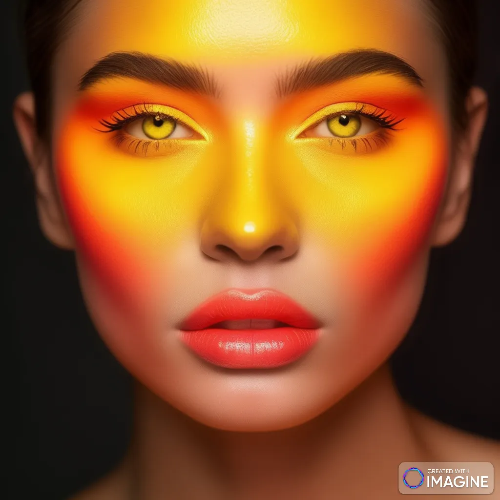 A woman with neon yellow and red makeup, evoking the aesthetics of Tron as she navigates a futuristic cityscape