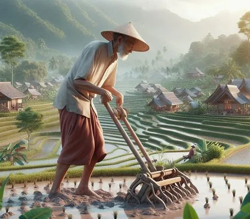 a painting of a man using a plow in a rice field