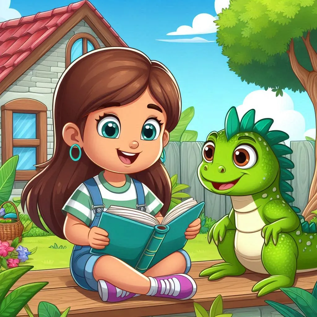 a girl reading a book next to a green dragon