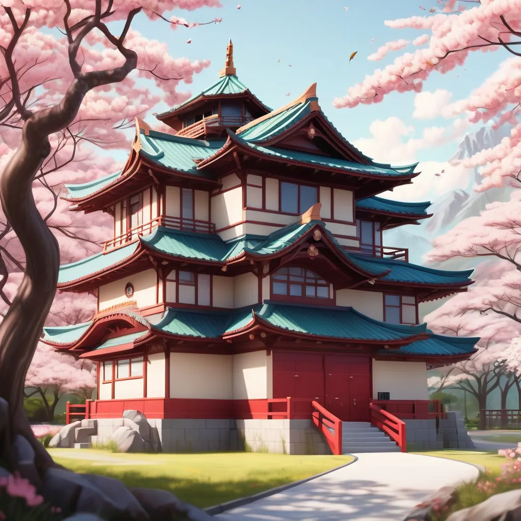 a painting of a pagoda in the middle of a park