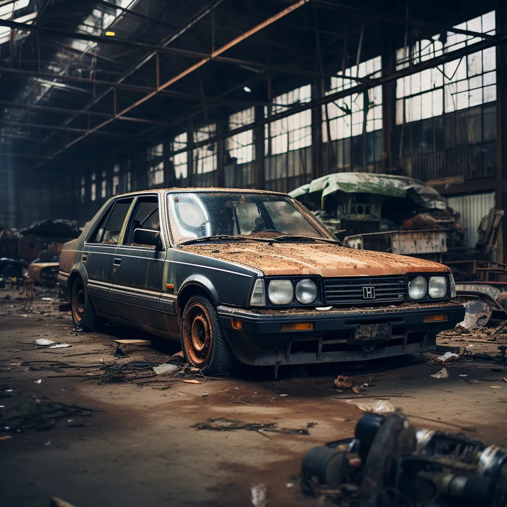 an old car is parked in a run down building