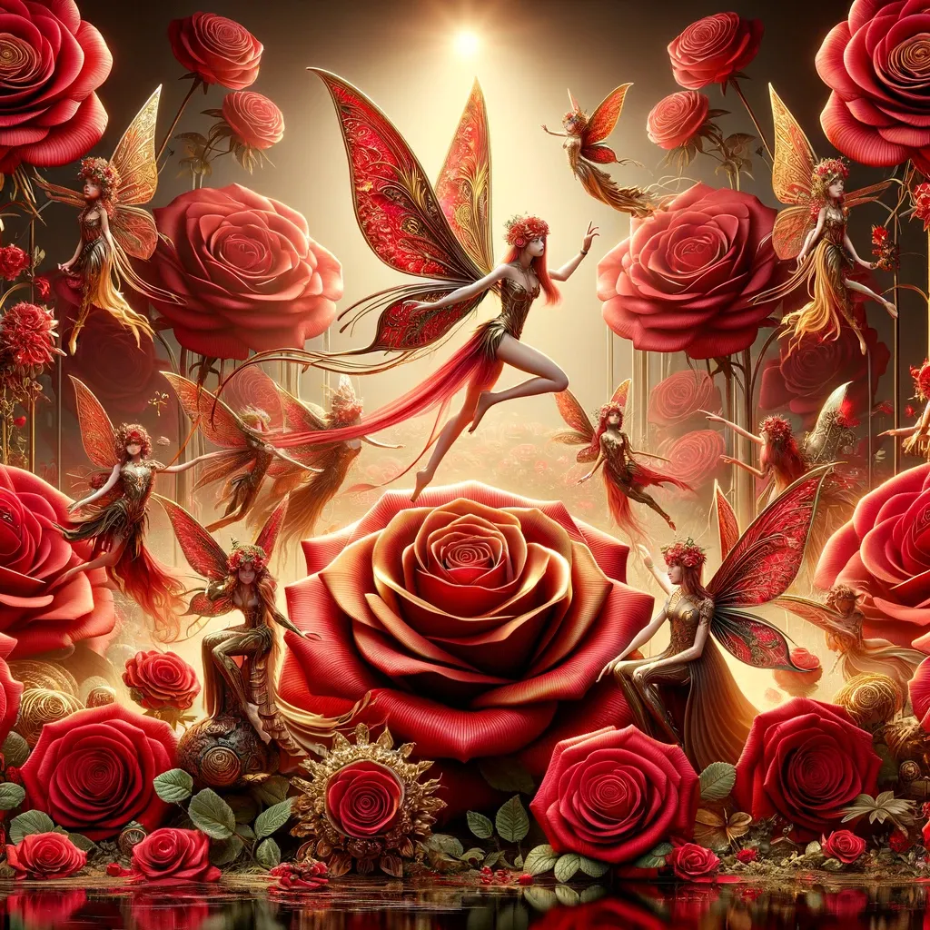 a painting of a fairy flying red roses