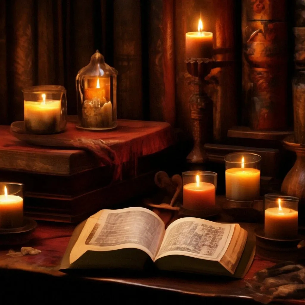 an open book sitting on top of a table next to candles