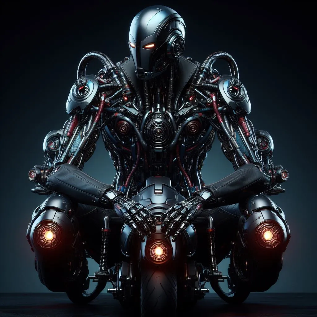 a robot sitting on top of a motorcycle