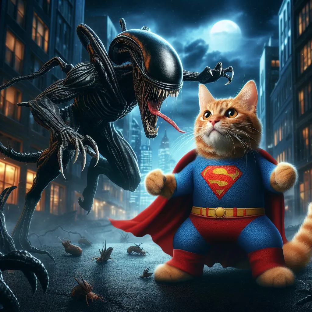 a cat dressed as a super hero and an alien