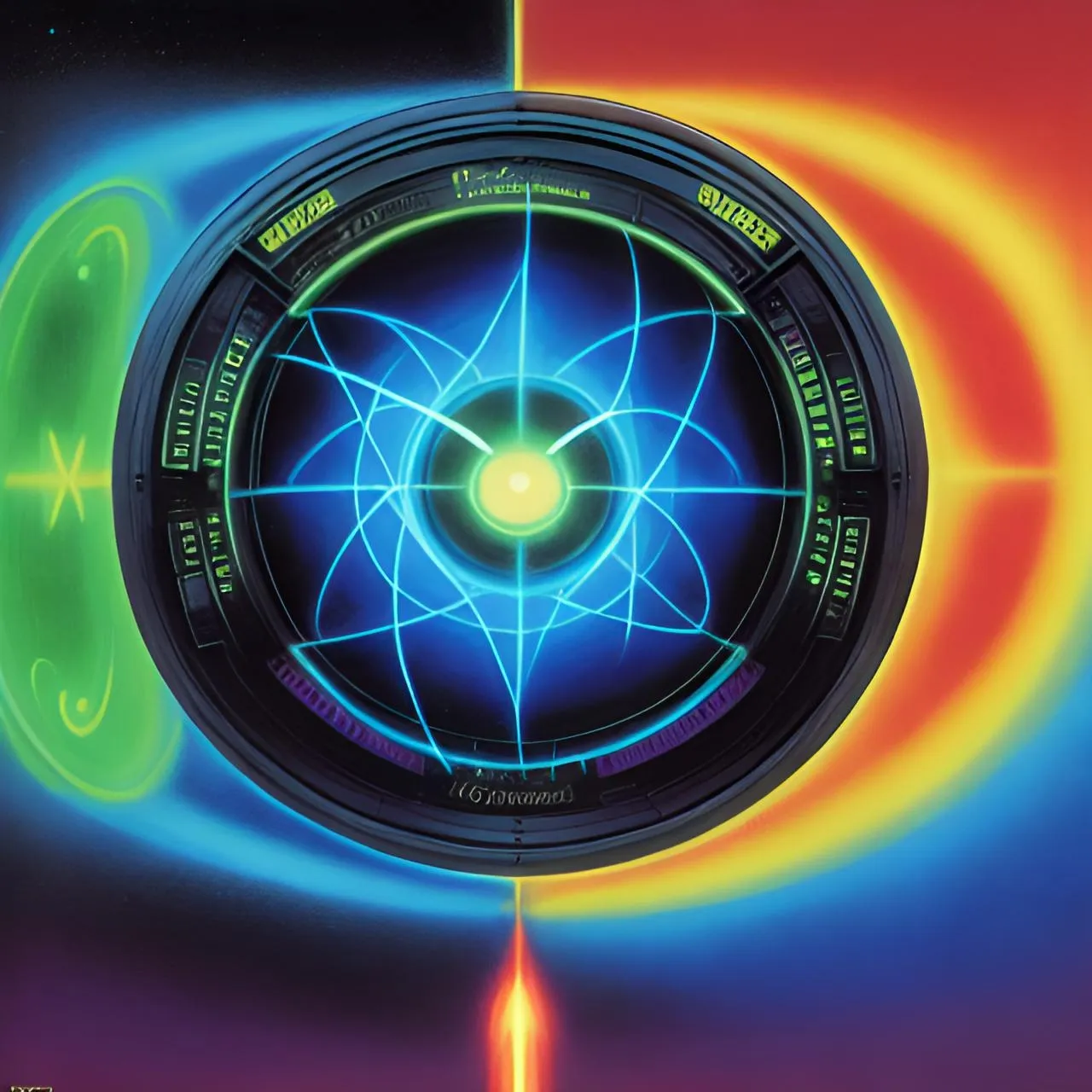 a painting of a circular object with a neon light in the center