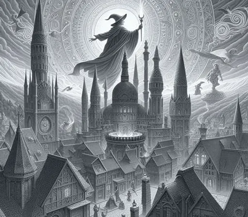 a drawing of a wizard flying over a city