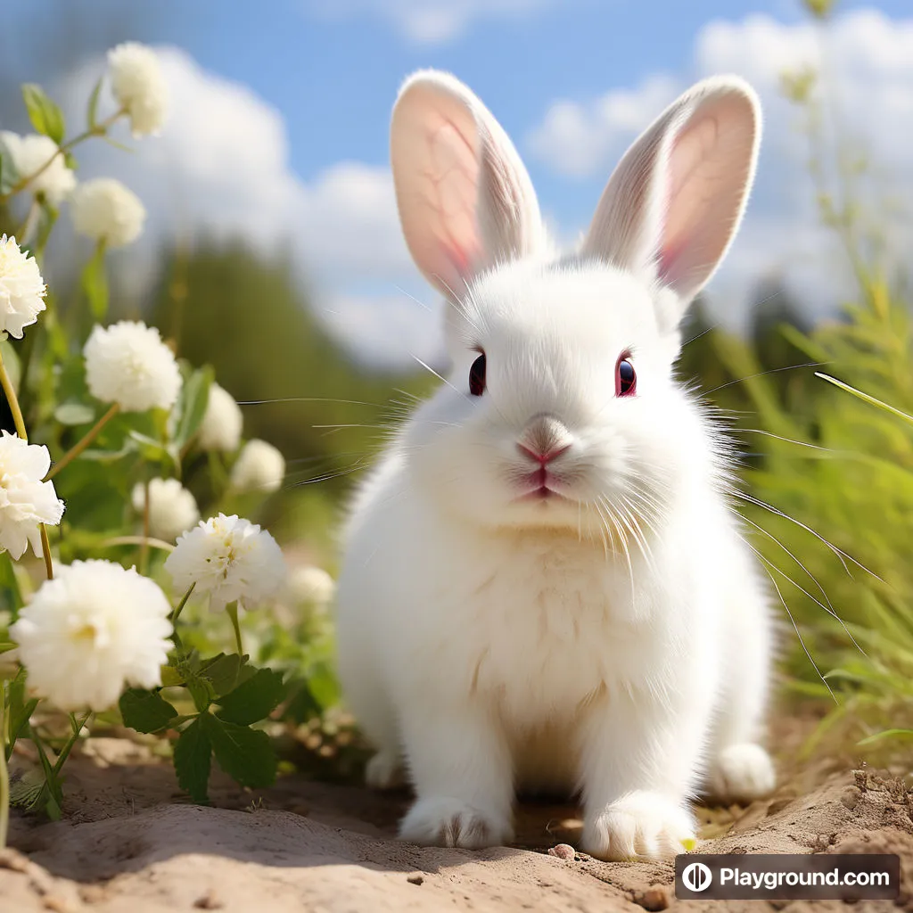 a white rabbit sitting in a field of flowers