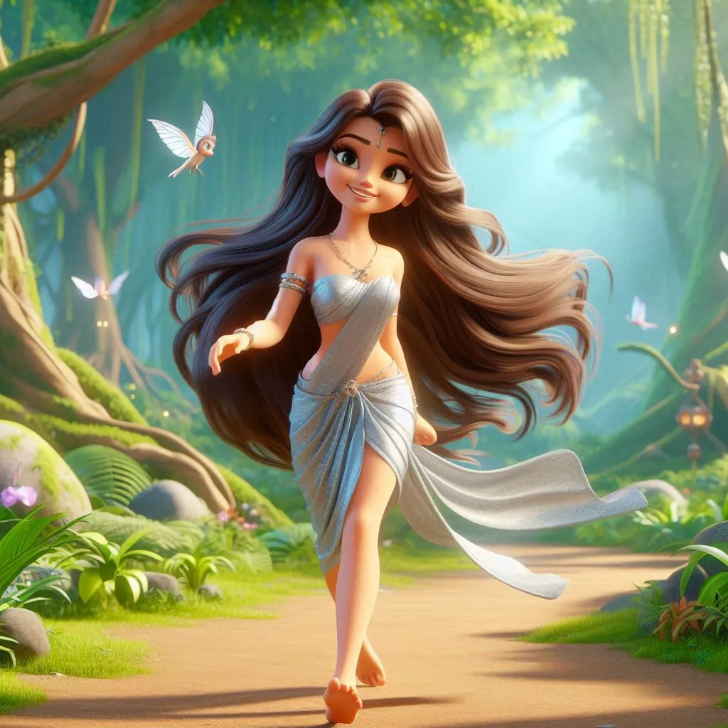 a  smiing  beautiful fairy  with long hair wearing silver color saree smiing and walking  bare foot  in jungle 3D animation cartoon  zoom in 