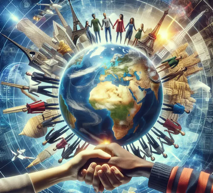 a group of people holding hands over a globe