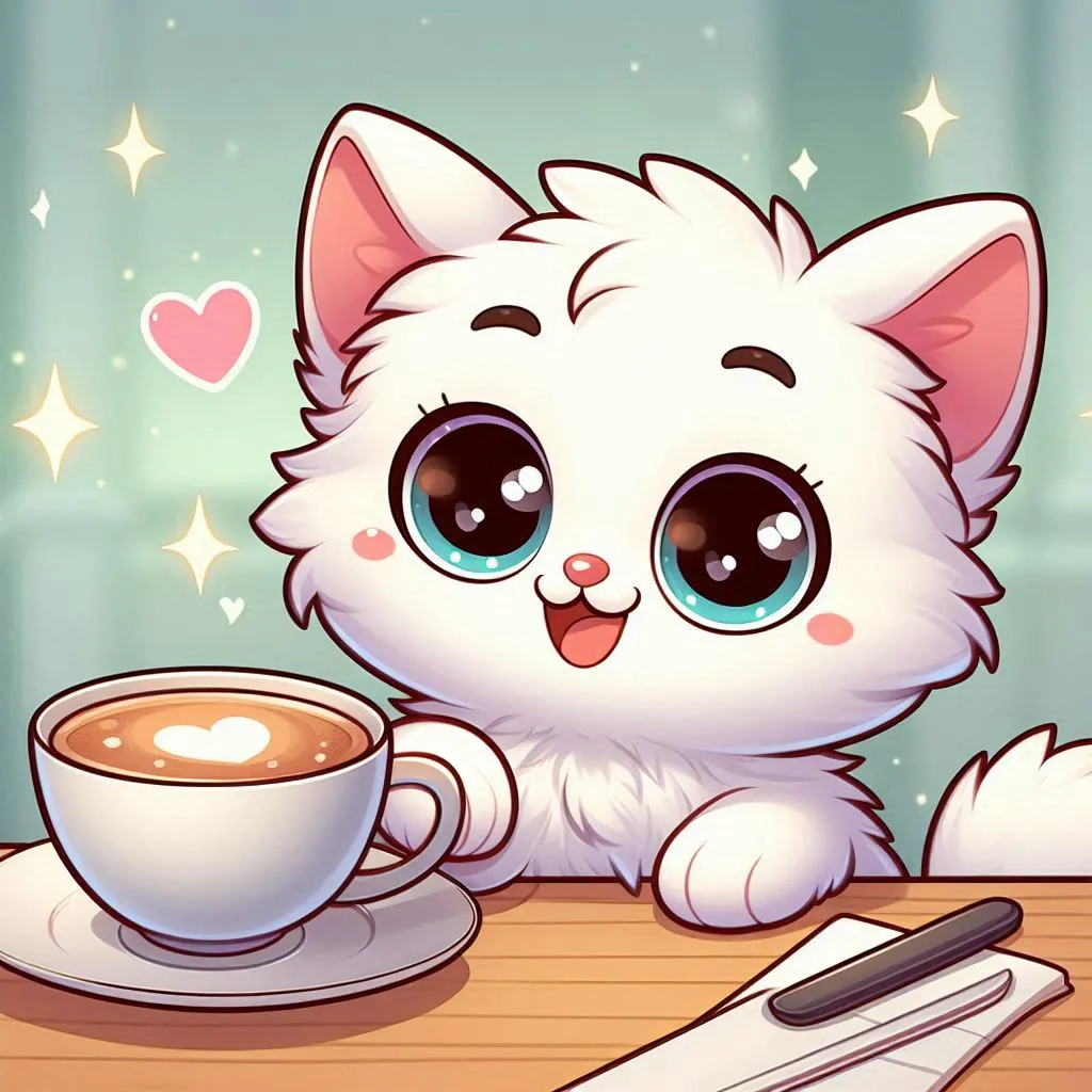 a white cat sitting at a table with a cup of coffee