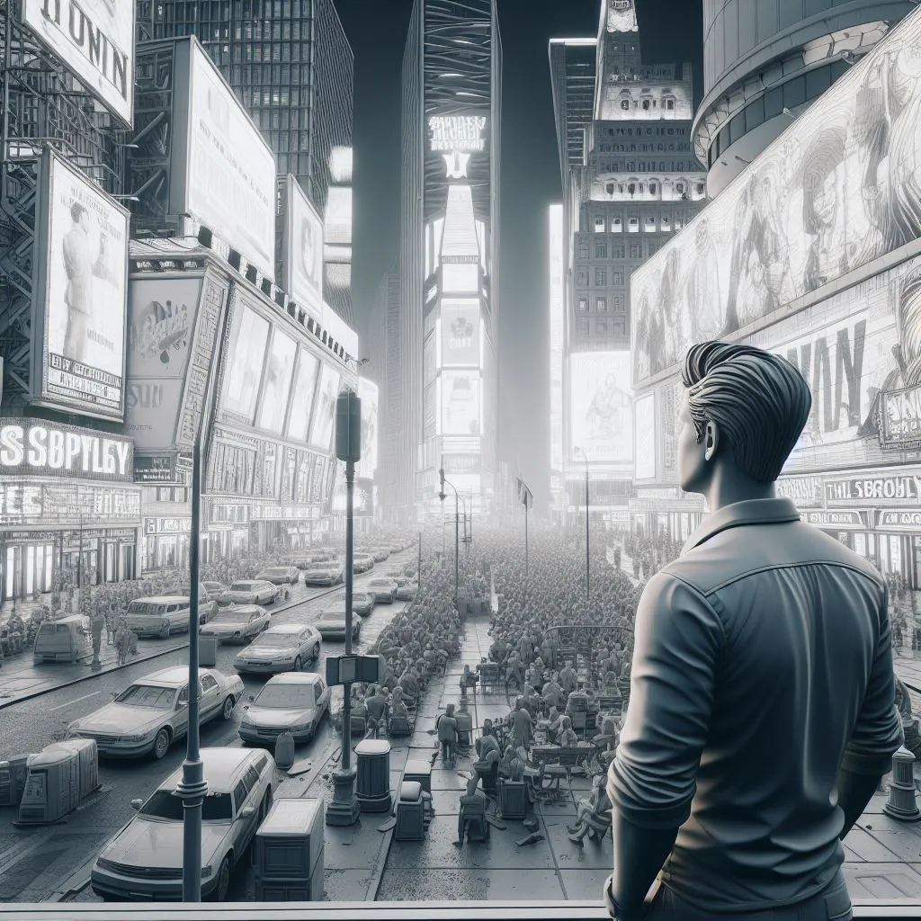 a man standing in front of a city filled with tall buildings Fluid city movement the man observes the signs 